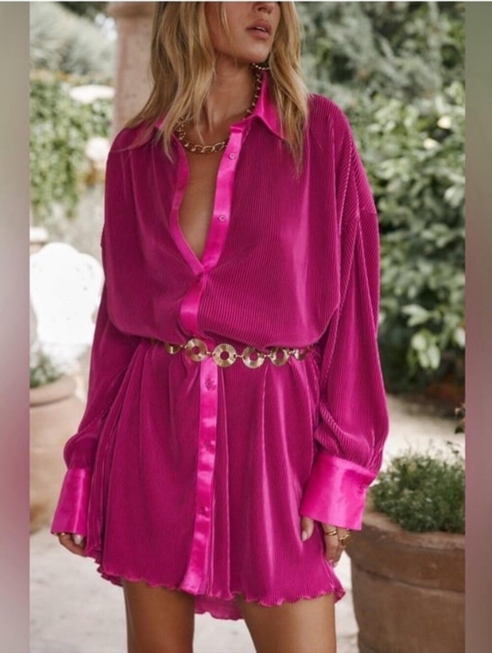 12th Tribe Vibrant Pink Pleated Satin Dress